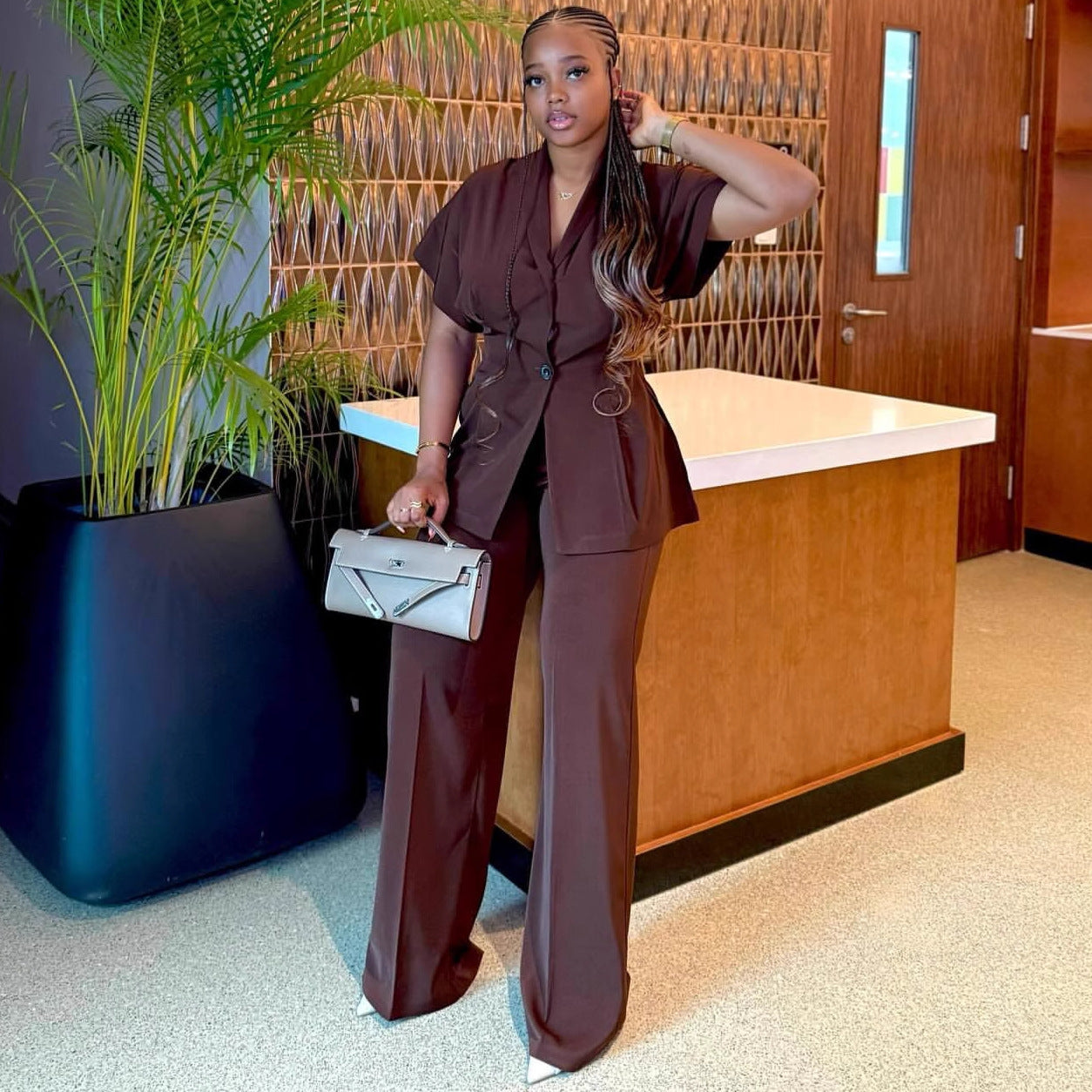 European and American fashion temperament, foreign style V-neck cardigan top, women's African high waist wide leg trousers, new women's clothing two-piece set