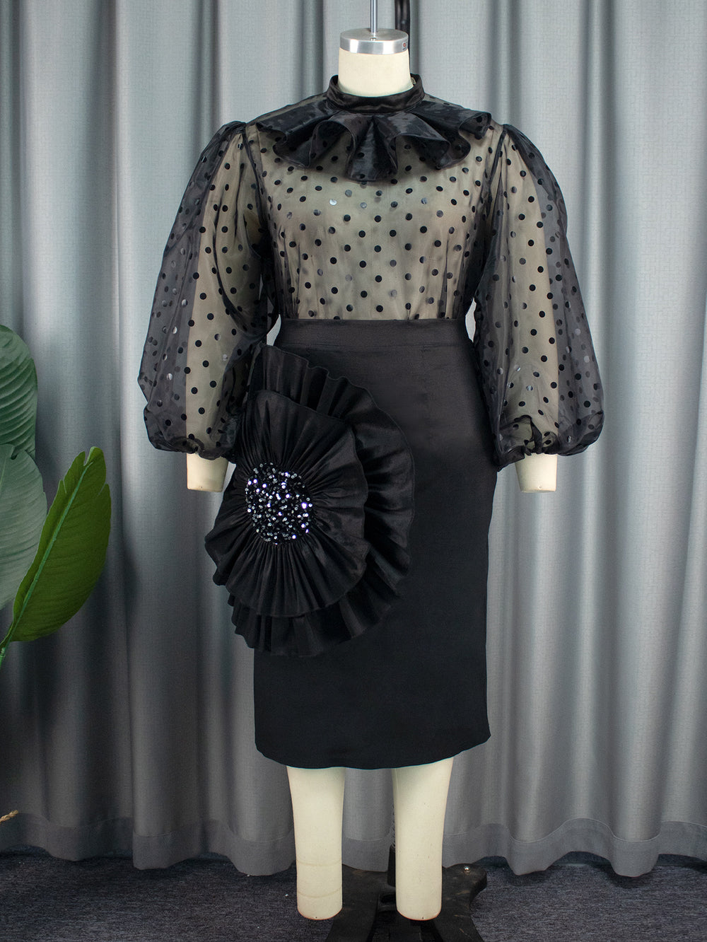 Sexy see-through polka dot mesh blouse suit stereo florals skirt two-piece set two-piece set