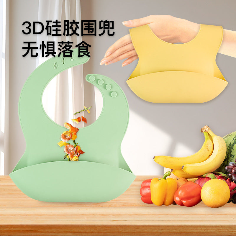 Baby three-dimensional silicone bib bib baby solid color leave-in saliva pocket waterproof and anti-dirty children's complementary food rice pocket