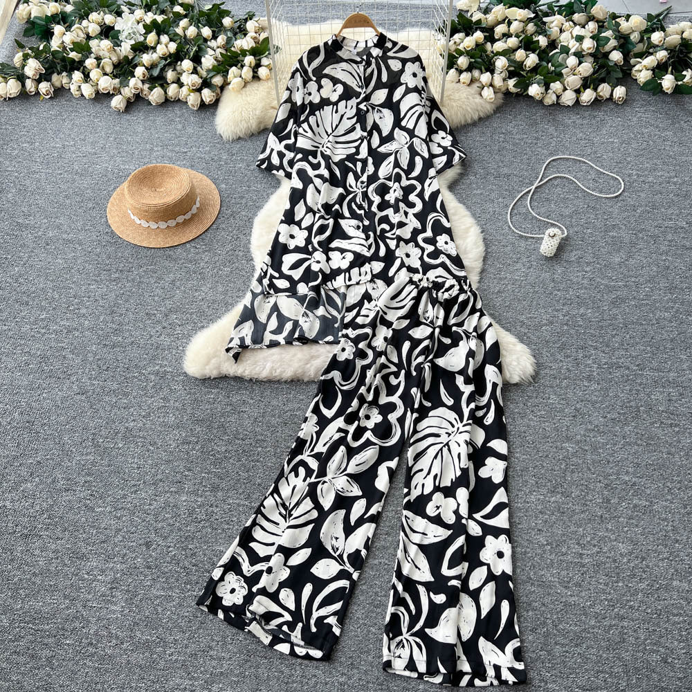 Fashionfashionablesuit women's summer young lady styleasymmetrical medium long printingshirthigh waistloose pantssuit