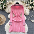French retro chic color block polo collar long sleeve knit dress with metal buckle waist detail - slimming and elegant