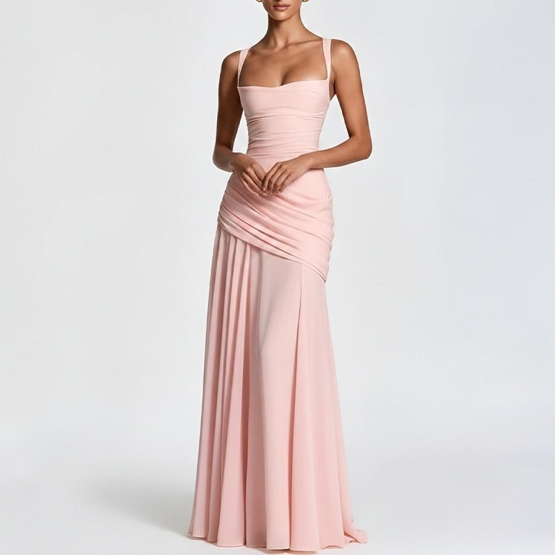 european and american summer new arrival: cross-border women's fashion - elegant solid color sleeveless cinched waist swing dress with spaghetti straps