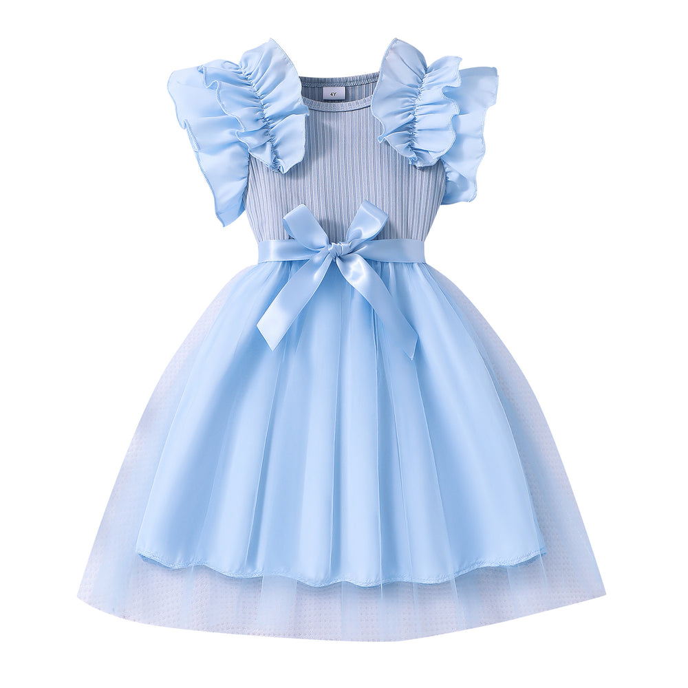 Girls' plus/minus size dress, ruffle flutter sleeve ribbed knit mesh round neck summer casual dress