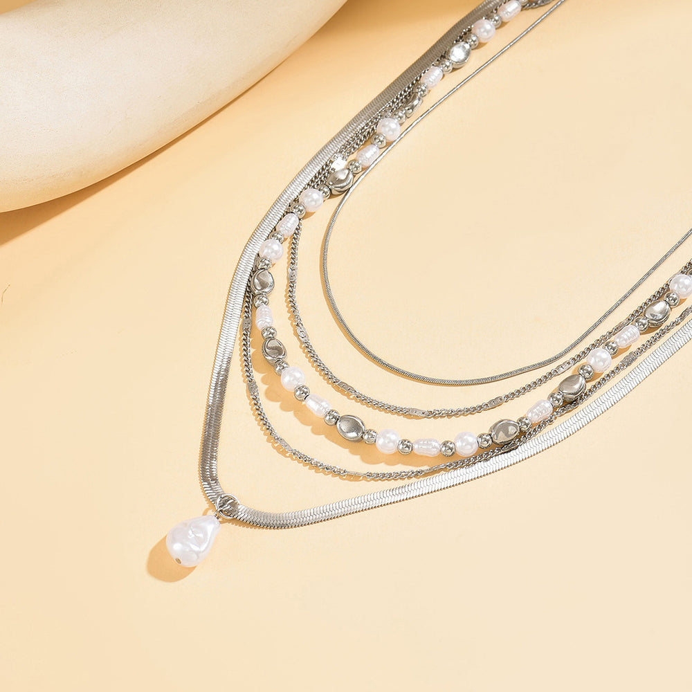 European and american cross-border retro french faux pearl necklace for women, multi-layered stackable fashionable ins style light luxury clavicle chain accessories