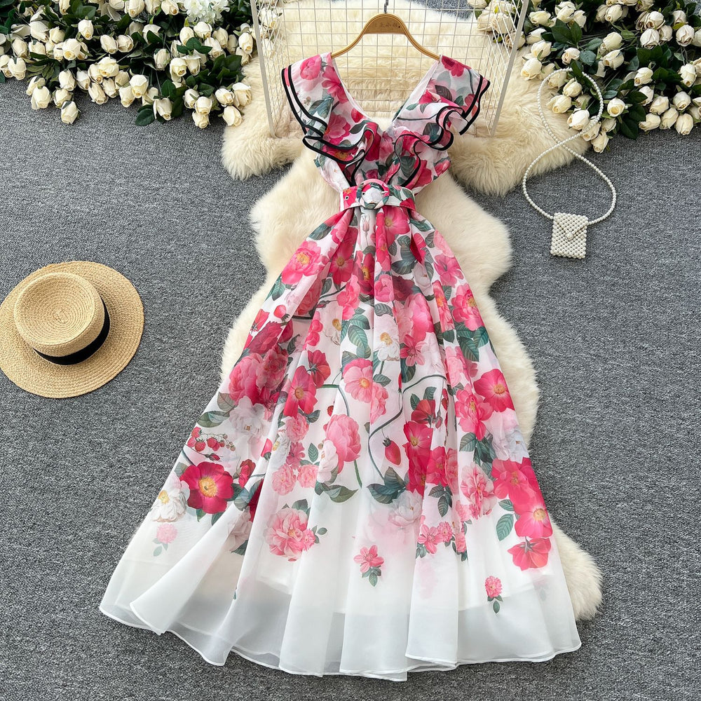 French chic summer dress for women - elegant, high-end, ruffle-trimmed v-neck, slimming, printed maxi dress with a-line skirt