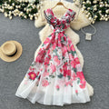 French chic summer dress for women - elegant, high-end, ruffle-trimmed v-neck, slimming, printed maxi dress with a-line skirt