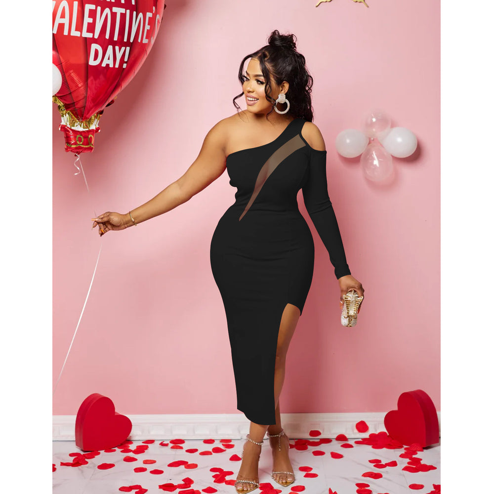 X6286   fashion women's solid color one-shoulder mesh single long sleeve maxi dress
