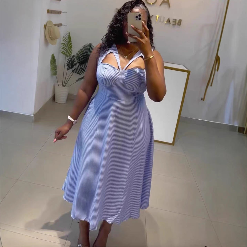 European and american cross-border women's fashion:  summer new arrival - sexy and elegant cutout blue striped high-waisted sleeveless dress