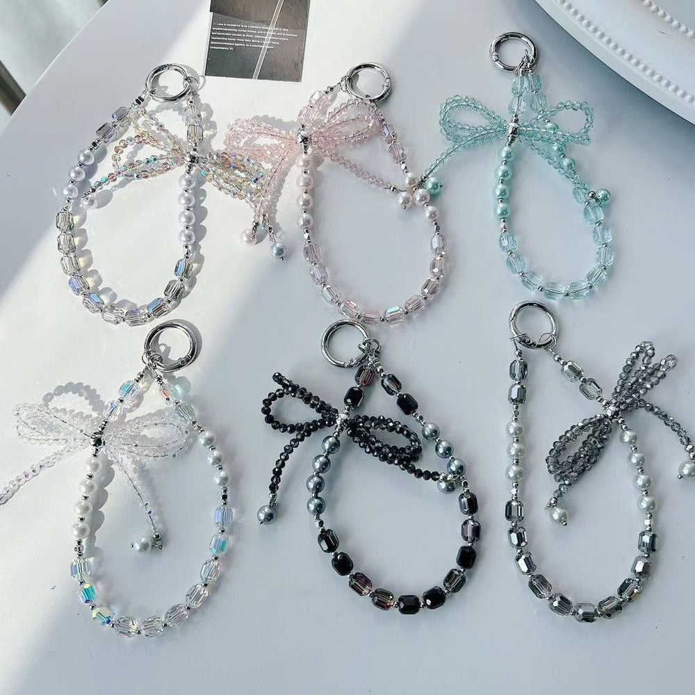 Luxury pearl bowknot phone charm - premium short 3d crystal wrist strap