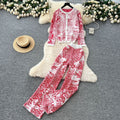 Fashionfashionableprintingsuit women's autumclassy round neck long sleevesknittingcardiganoutwearhigh waistloose pants
