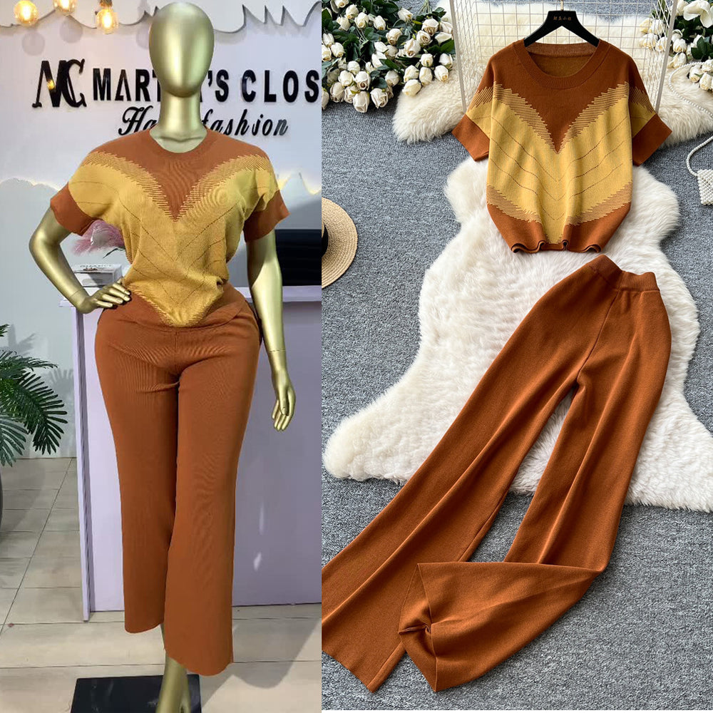 Fashionsuit women's fall and winterloosecasualcontrast color round neck short sleeve knittingtopshigh waistslimming lookloosestraight-leg pants