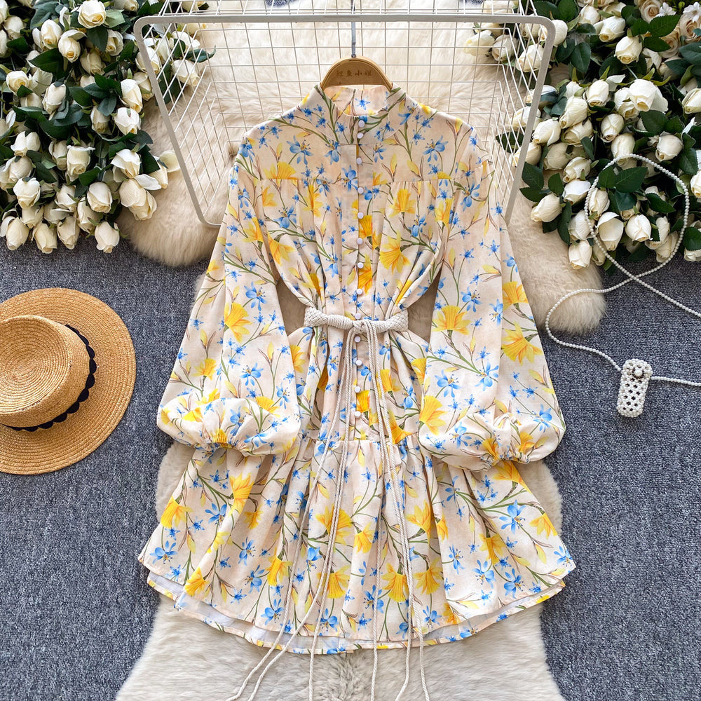 Frenchretro blue long sleeves floral dress female k-style stand collar tie back waist slimming look a-line skirt lady style