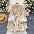 Frenchretro blue long sleeves floral dress female k-style stand collar tie back waist slimming look a-line skirt lady style