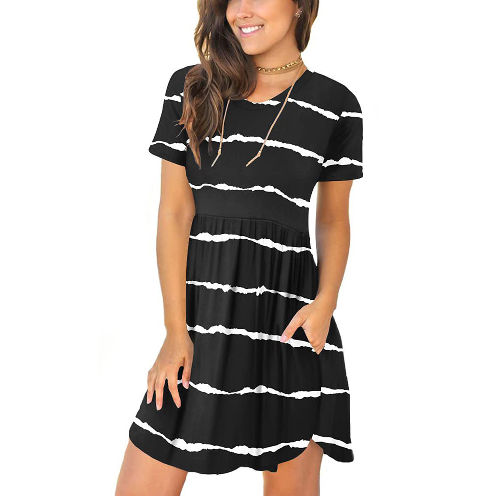 european and american  women's casual crew neck printed pullover short sleeve ruched pocket dress