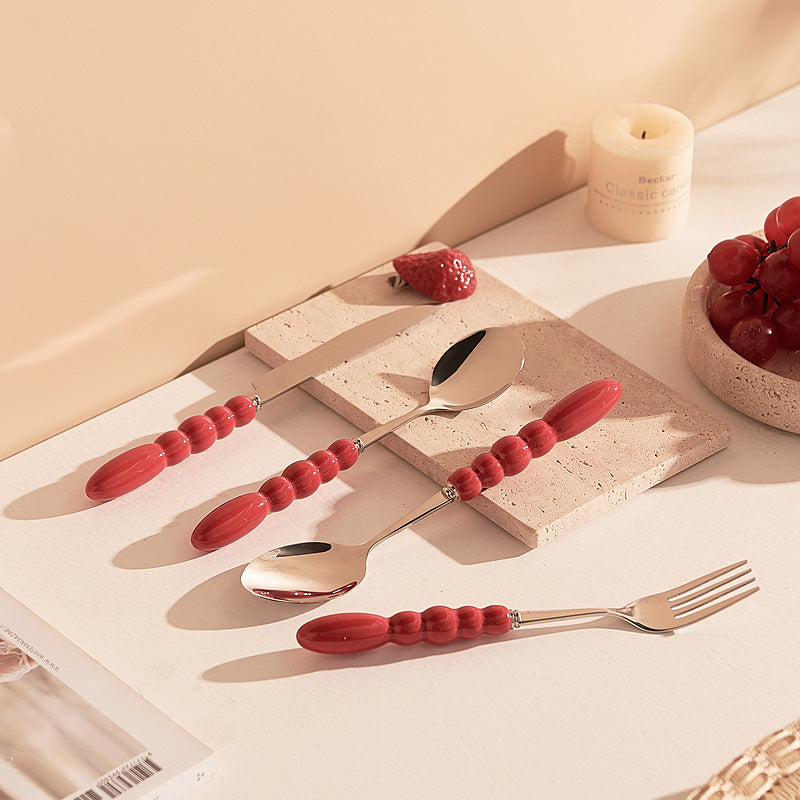 Creamy style 304 stainless steel cutlery set - includes knife, fork, and spoon with ceramic handles. high-style design, perfect for soups. suitable for kids and adults