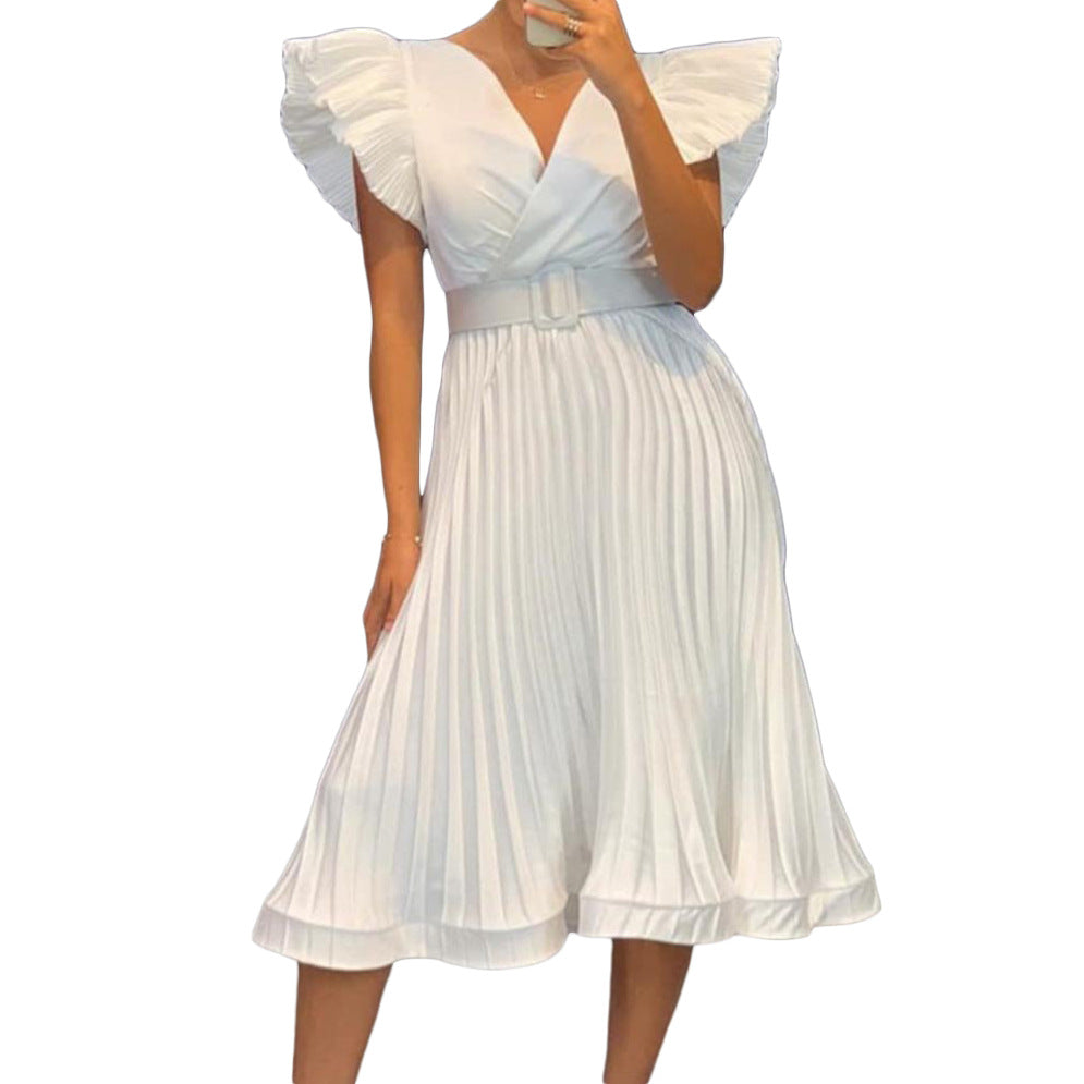 European and american cross-border women's clothing:  new summer fashion casual v-neck flutter sleeve pleated waist export dress