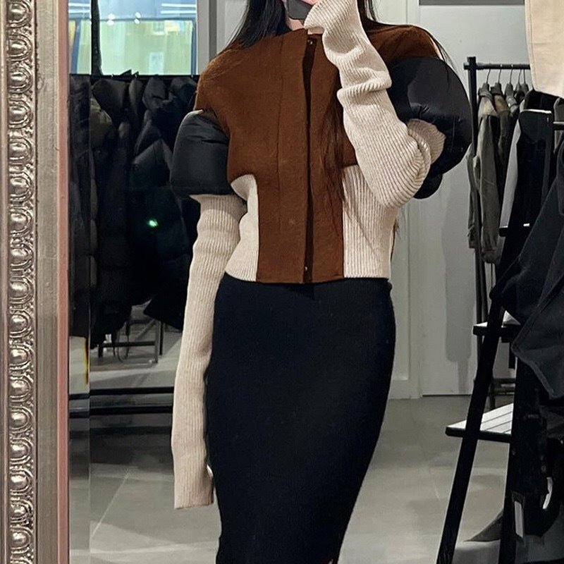 European and american cross-border women's fashion:  autumn hot-selling long-sleeved square neck zipper patchwork concealed button irregular casual top