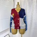 women's fall/winter cardigan sweater: color block denim sleeve, loose fit, fashionable single-breasted, versatile outerwear