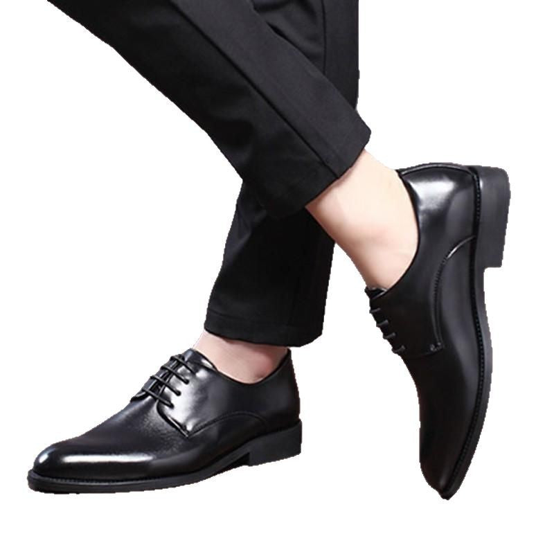 Black leather lace-up men's dress shoes - soft sole, business casual, round toe, leisure style, british & korean design, hidden heel