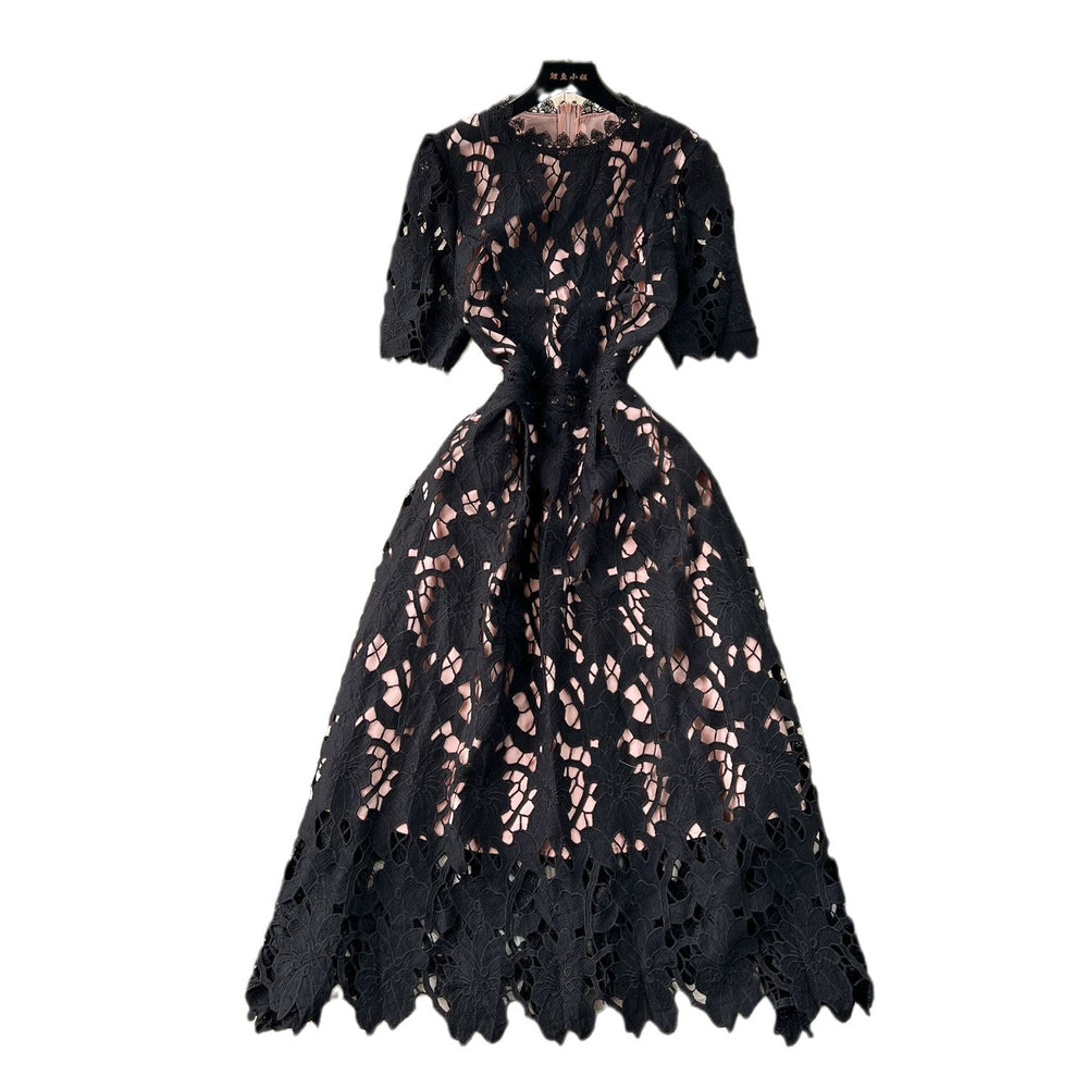 Early spring dress 2024 new women's spring and autumn heavy water-soluble lace cut out airy longdress vacation dress