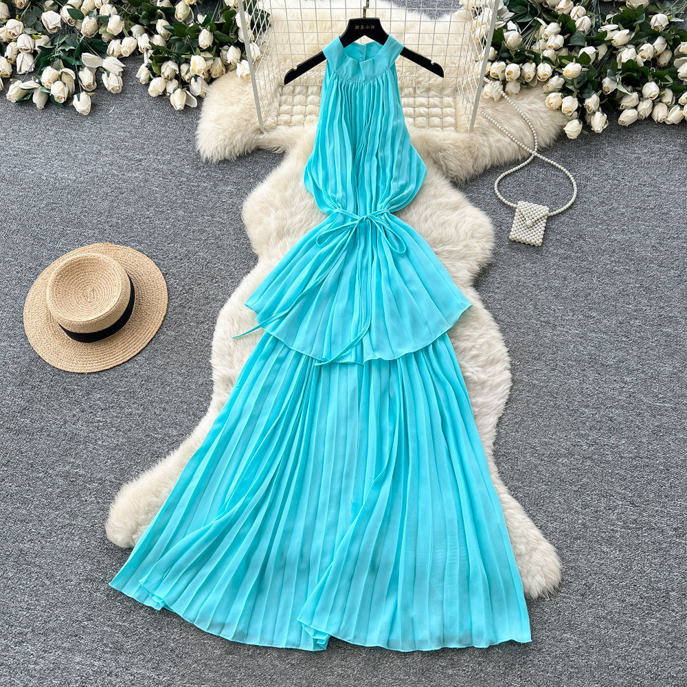 Pure desire style red halter strap pleated dress women's summer k-style waist slimming look cake skirt vacation style long skirt