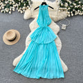 Pure desire style red halter strap pleated dress women's summer k-style waist slimming look cake skirt vacation style long skirt