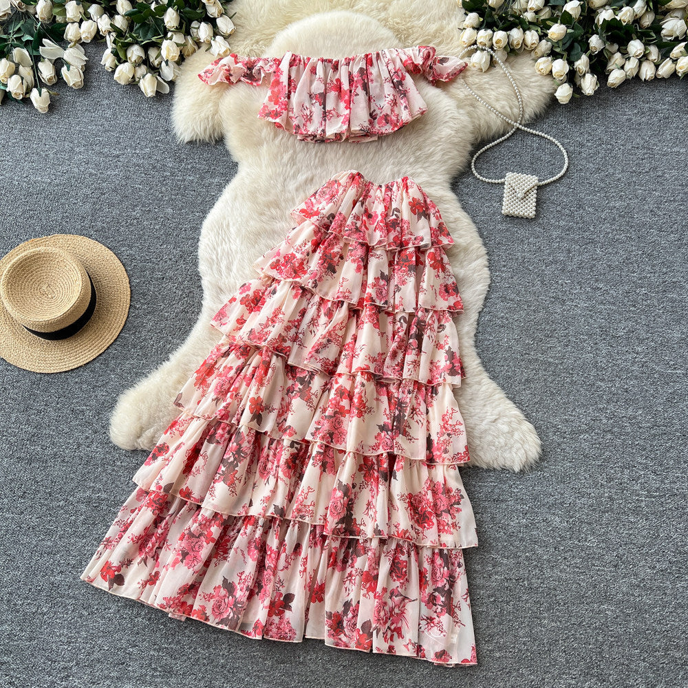 Pure desire style one shoulder floral cake skirt two-piece set women's summer romantic style slimmingelegant classy suit