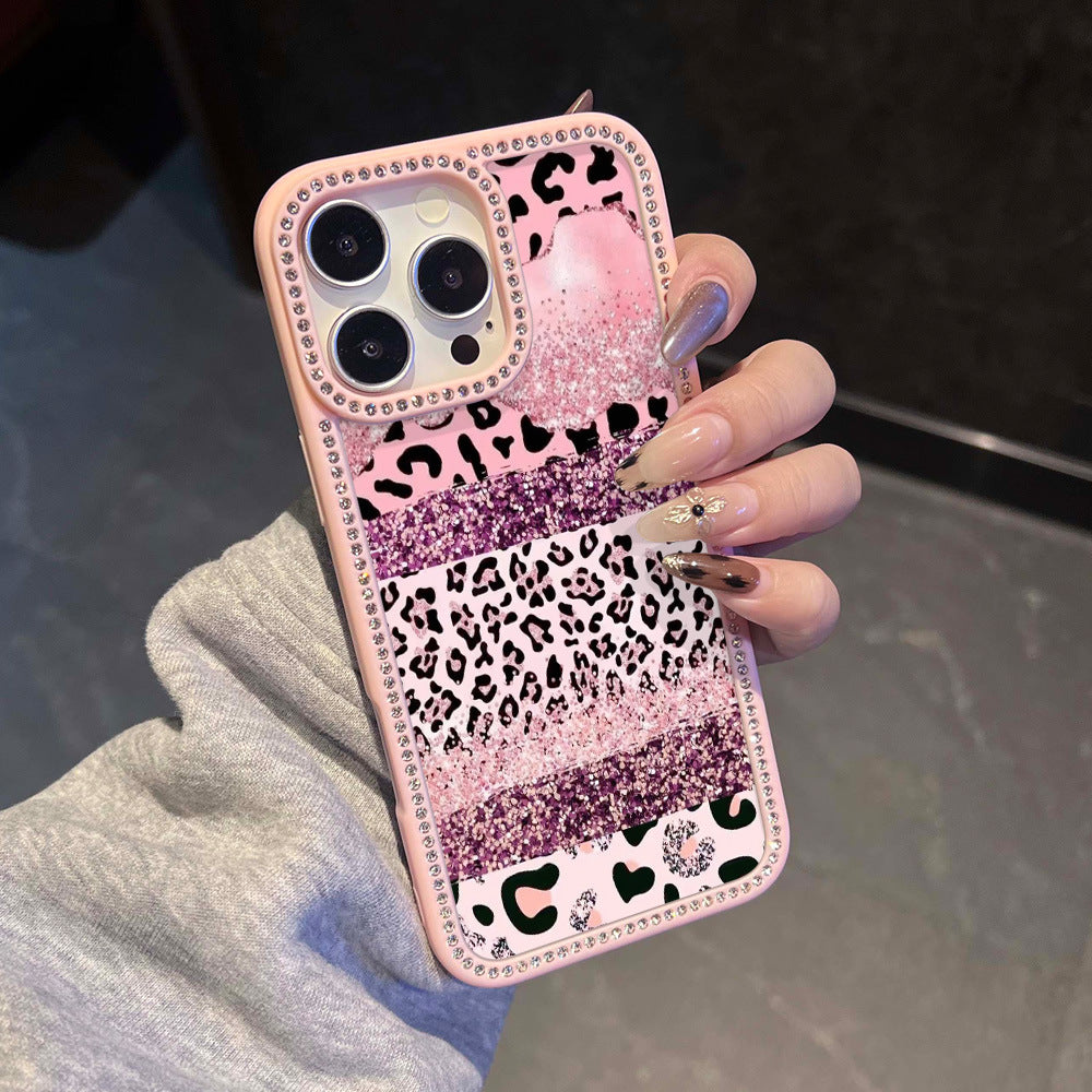 The first choice for gift giving is suitable for iphone17promax pink leopard print mobile phone case, glitter apple 16 diamond star diamond case