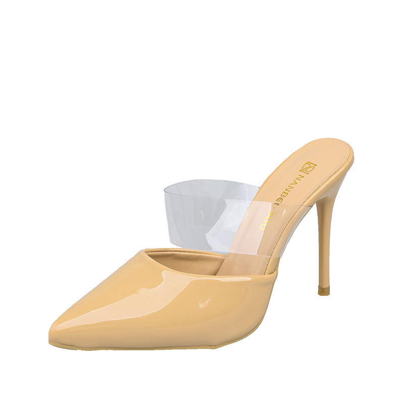 Plus size slippers 2025new arrivalk-style high-heeled sandals, thin-heeled one-line transparent strap toe-cap half-slippers outwear slippers