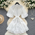 Accessible luxury palace style puff sleeve dress women's summer mesh embroiderpatchwork stand collar design elegant royal sister short skirt
