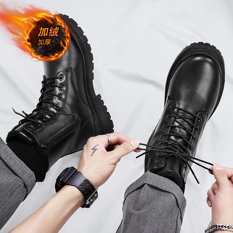 Autumboots black high-top trendy shoes british style motorcycle workwear leather boots winter height-increasing high-top leather shoes cotton shoes