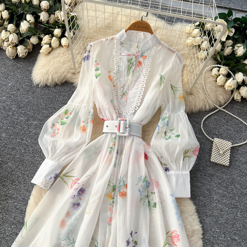 French romantic lantern sleeve floral dress - korean style cutout tie-waist a-line maxi dress - premium quality