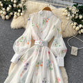 French romantic lantern sleeve floral dress - korean style cutout tie-waist a-line maxi dress - premium quality