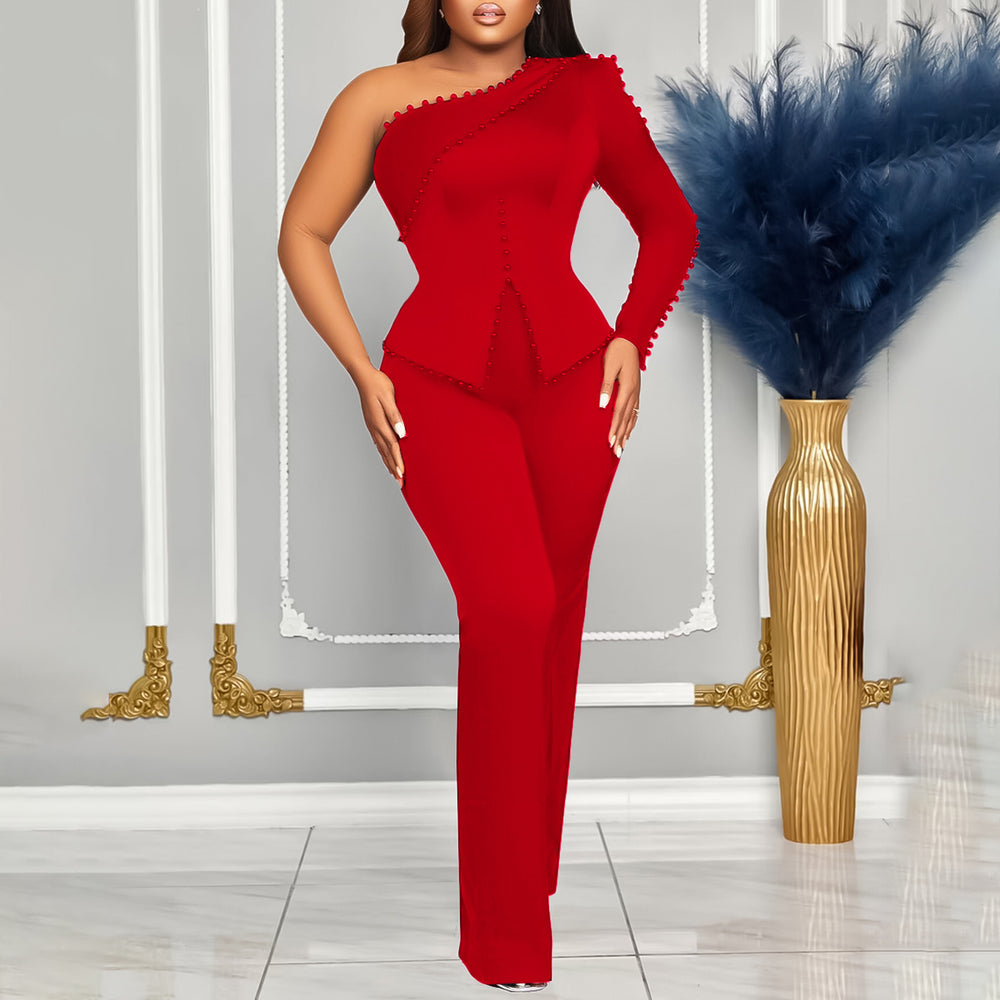 D463  foreign trade women's clothing  spring new style one-shoulder beaded ol two-piece set plus size european and american style outfit