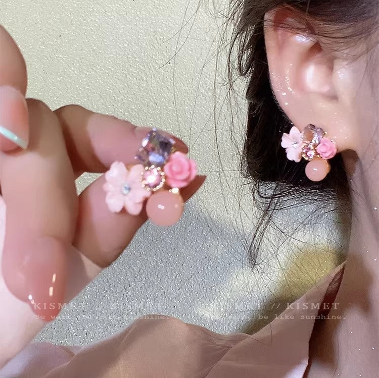 Holiday blooms: unique pink floral earrings - new spring collection for women, high-end studs with a niche design