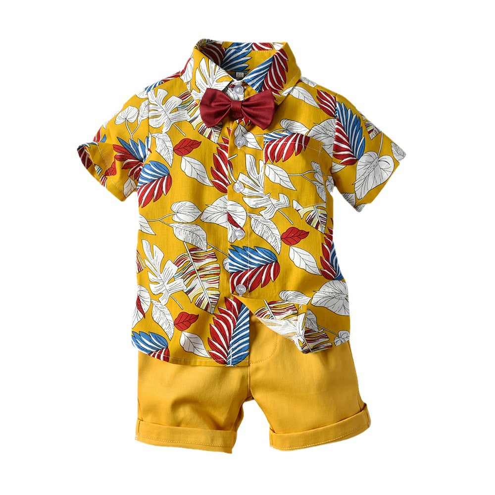 European and american summer new boys' bow tie floral cotton short-sleeve and shorts set - children's clothing cross-border baby set