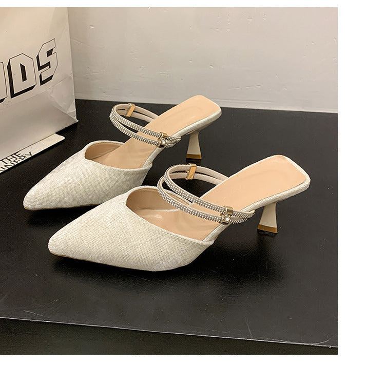 Baotou sandals women's mid-heeled two-wear slippers summeroutwear pointed toe stiletto rhinestone back hollow flats women 2025new arrival