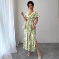 Amazon cross-border  summer new arrival: fresh seaside vacation style cami dress - fitted waist green leaf print dress