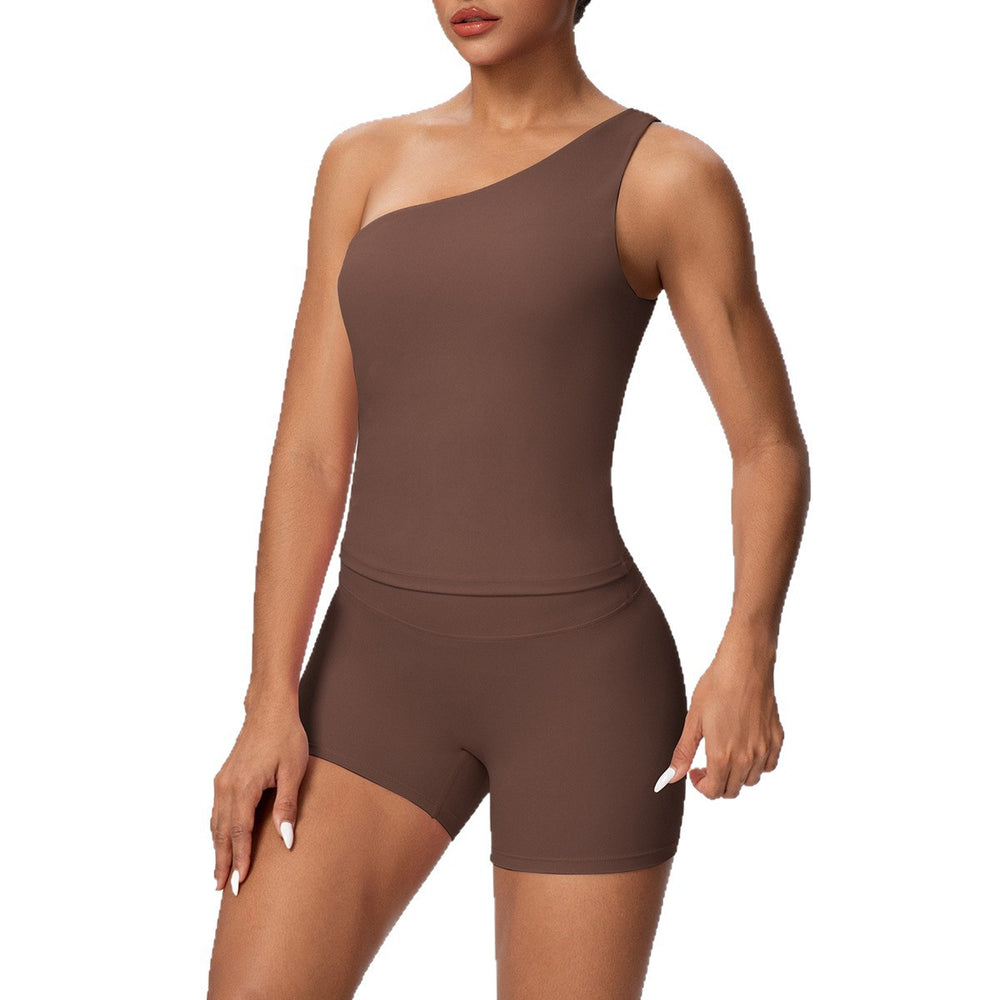 double-sided brushed nude tight one-shoulder vest shorts sports suit running fitness yoga wear two-piece set