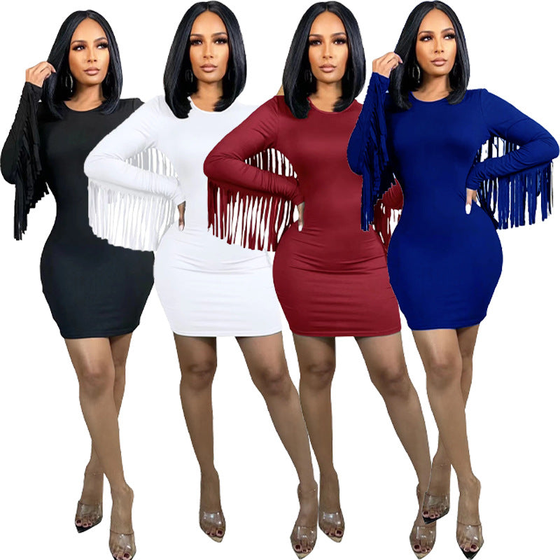 European and american cross-border women's fashion:  autumn hot-selling solid color long sleeve tassel round neck bodycon mini sexy dress