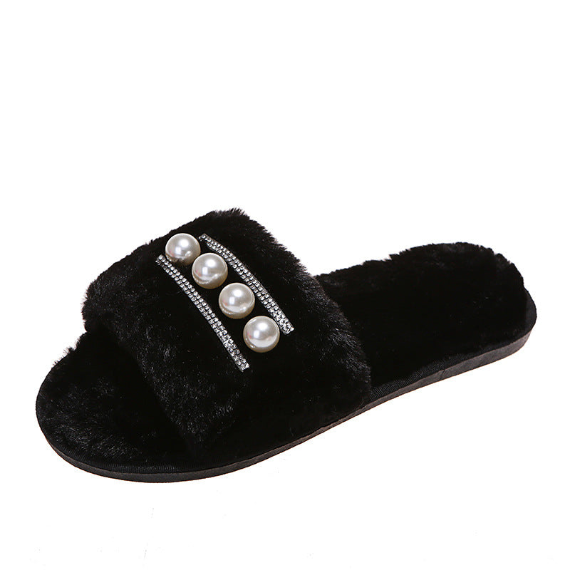 Wholesale women's plush slippers for cross-border e-commerce: new european and american style pearl-embellished one-strap fuzzy slippers, warm autumn/winter home slippers