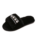 Wholesale women's plush slippers for cross-border e-commerce: new european and american style pearl-embellished one-strap fuzzy slippers, warm autumn/winter home slippers