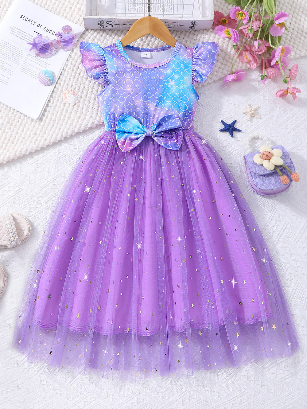 Girls' dress, fish scale flutter sleeve mesh dress