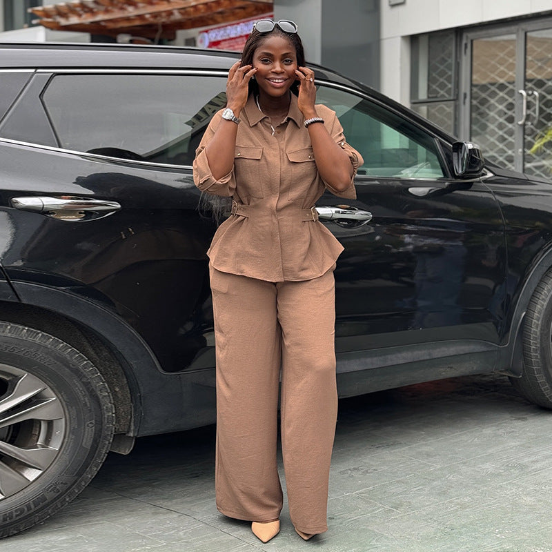 European and american women's clothing  autumn new collection: sweet and fresh turn-down collar patch pocket long sleeve shirt & high-waisted straight-leg pants two-piece set