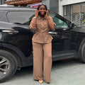 European and american women's clothing  autumn new collection: sweet and fresh turn-down collar patch pocket long sleeve shirt & high-waisted straight-leg pants two-piece set