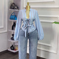 European and american cross-border women's fashion:  autumn new collection - stylish tie-neck v-neck striped slim-fit bubble sleeve blouse top