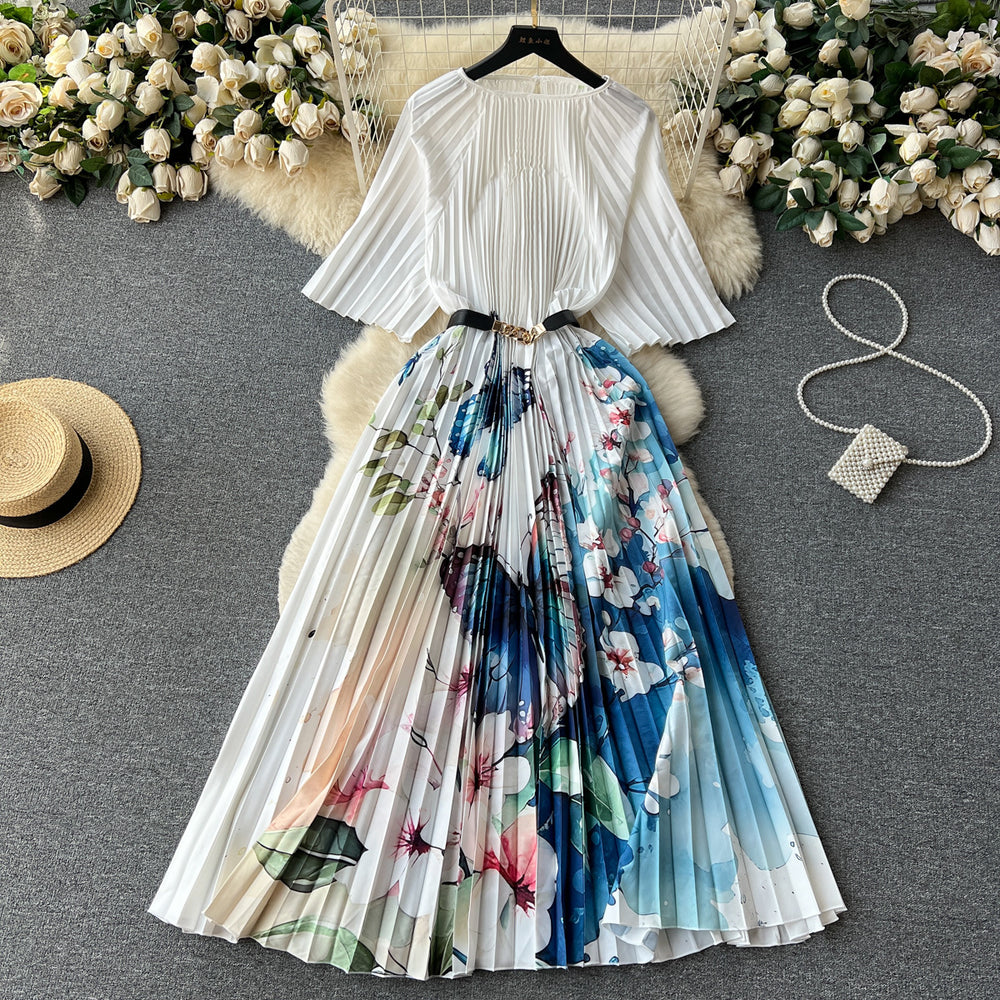European and american retro court style design printed long dress with heavy pleating, puff sleeves, and pleated skirt - spring collection for women