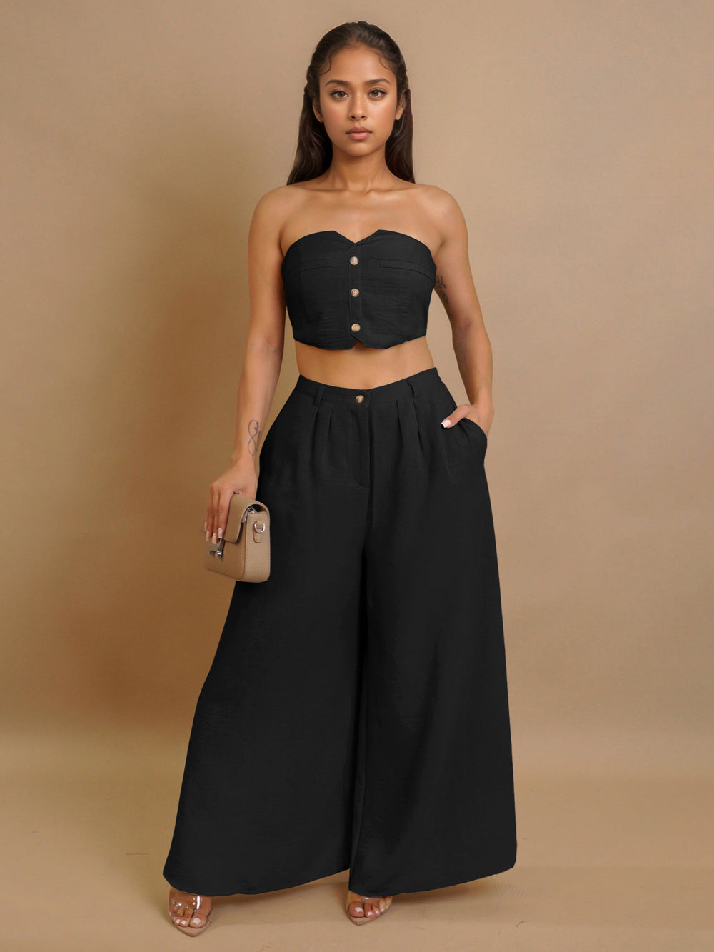 Amazon's new european and american style fashionable sexy stretch bandeau top and wide-leg pants set