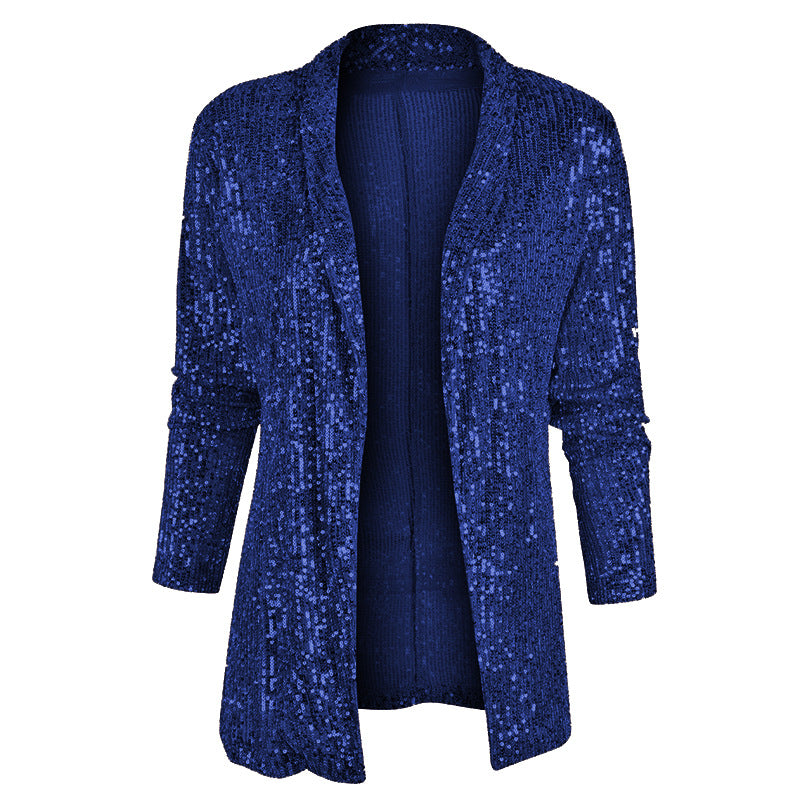 2025 spring new arrival: european and american style sequin long sleeve blazer - elegant mid-length jacket with turn-down collar, perfect for amazon