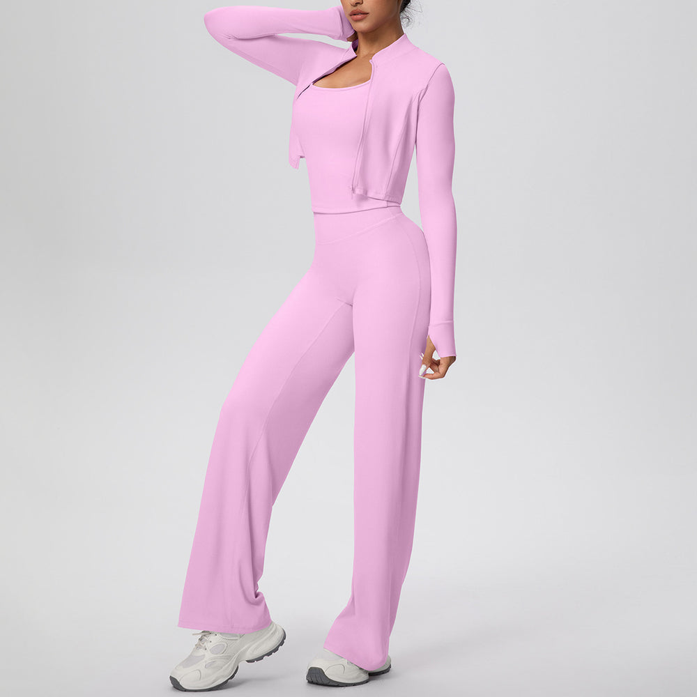 pure color brushed tight tank top wide-leg long three-piece set sports running fitness yoga suit